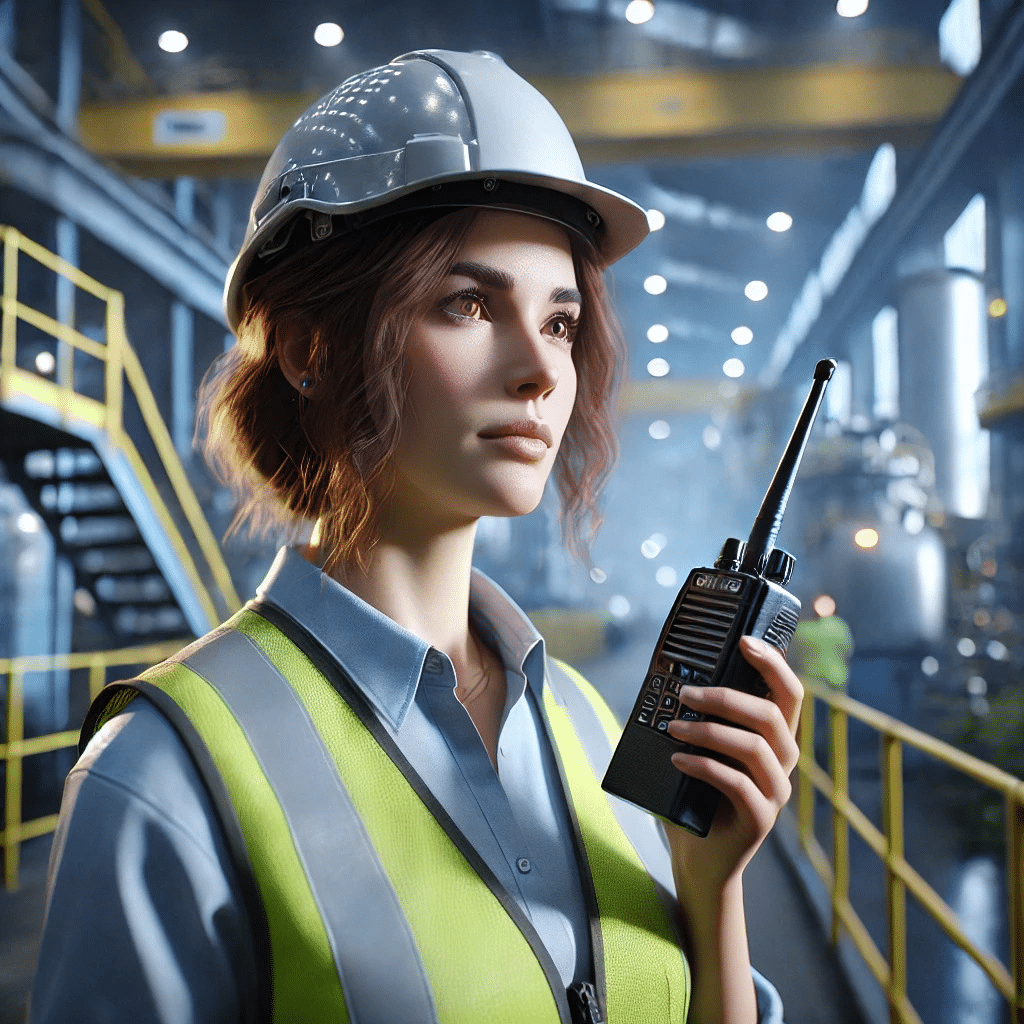 Femme portant un casque et un gilet et manipulant un walkie-talkie dans un environnement industriel pour illustrer l'important de la protection du travailleur isolé et les avantages de la solution de géolocalisation indoor Wheere