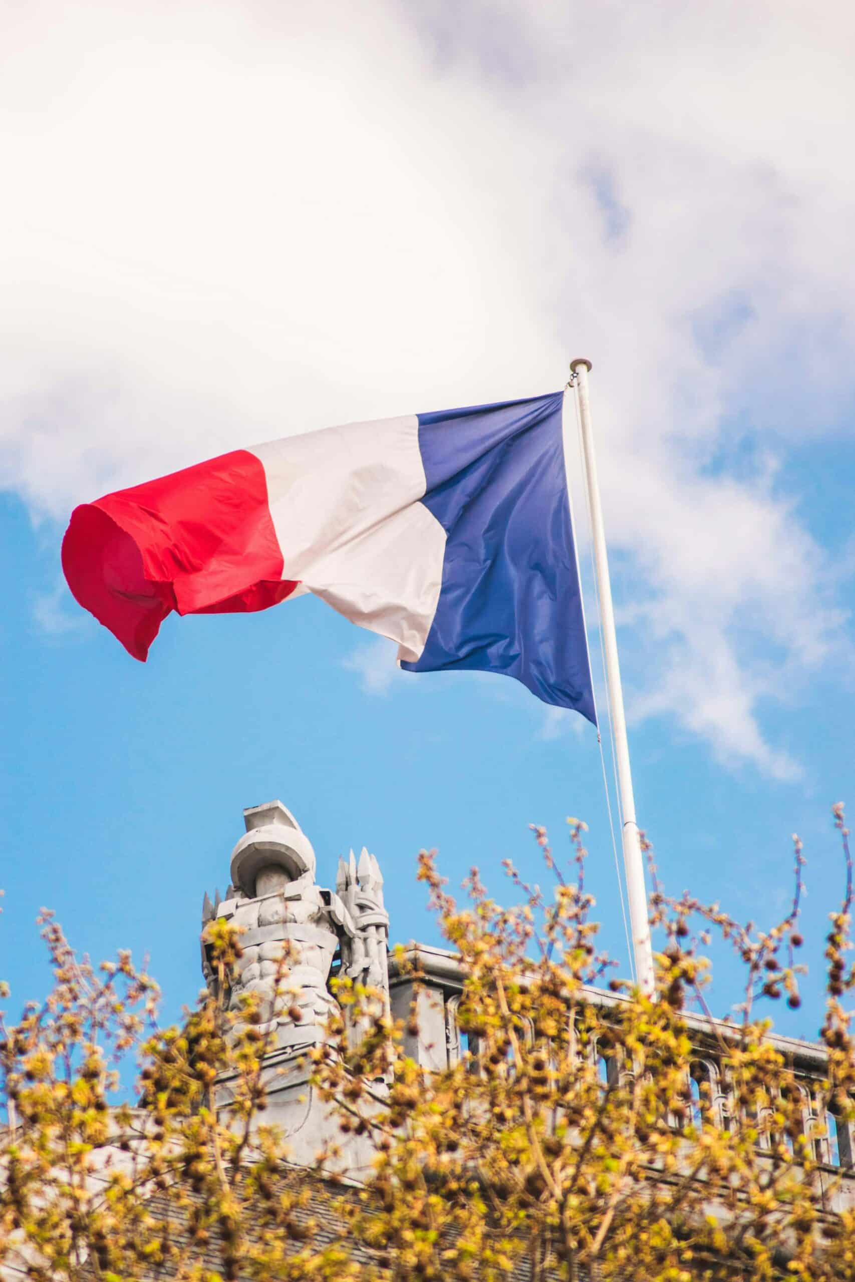 Drapeau français qui flotte avec l'effet du vent